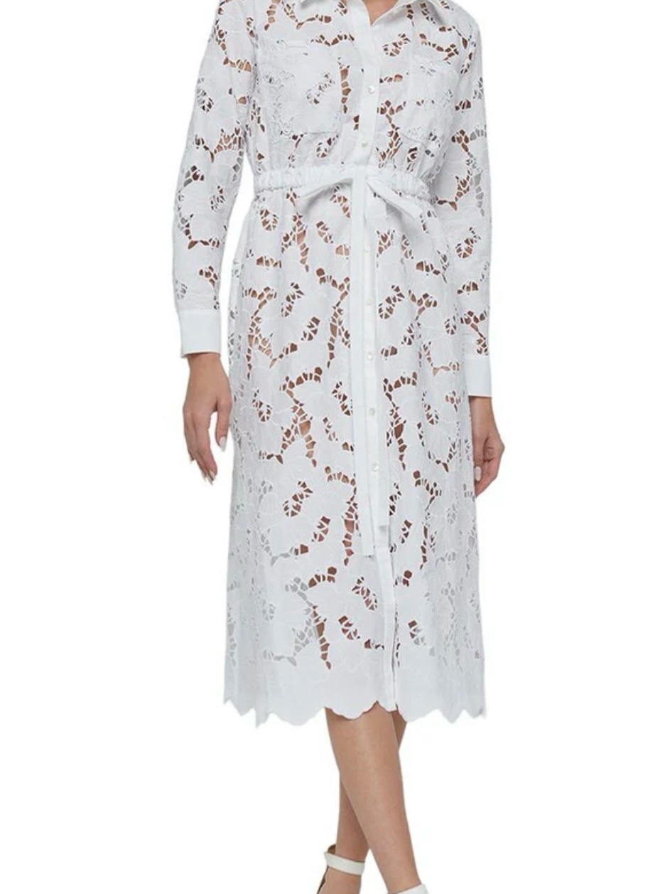 Nwt L’agence White Lace Button-Front Midi Shirt Dress, Medium